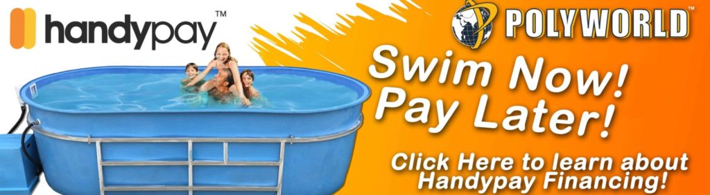 Banner Advertising New Financing Options, depicts a family in an above ground pool on a white and orange background.